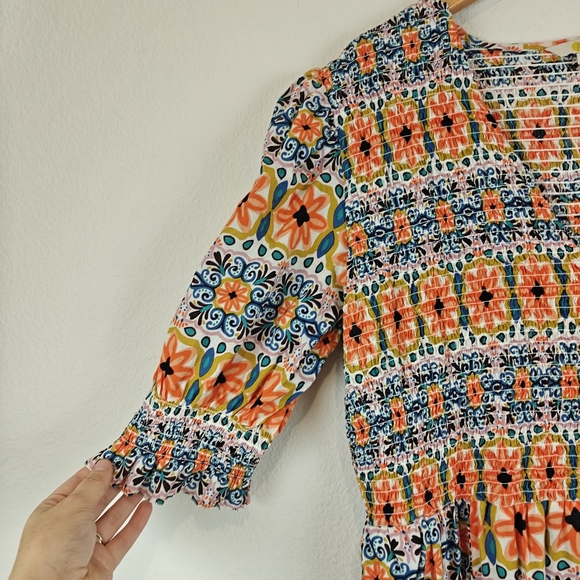 BODEN Smocked Bodice Puff Sleeve Midi Floral Deep V Dress Size 16/18R - Picture 9 of 15